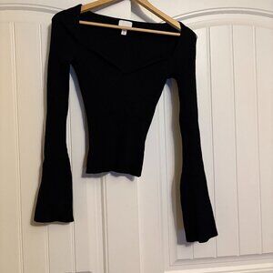 H&M Black Ribbed Top Small Sweetheart Neckline Long Sleeve Viscose Polyamide